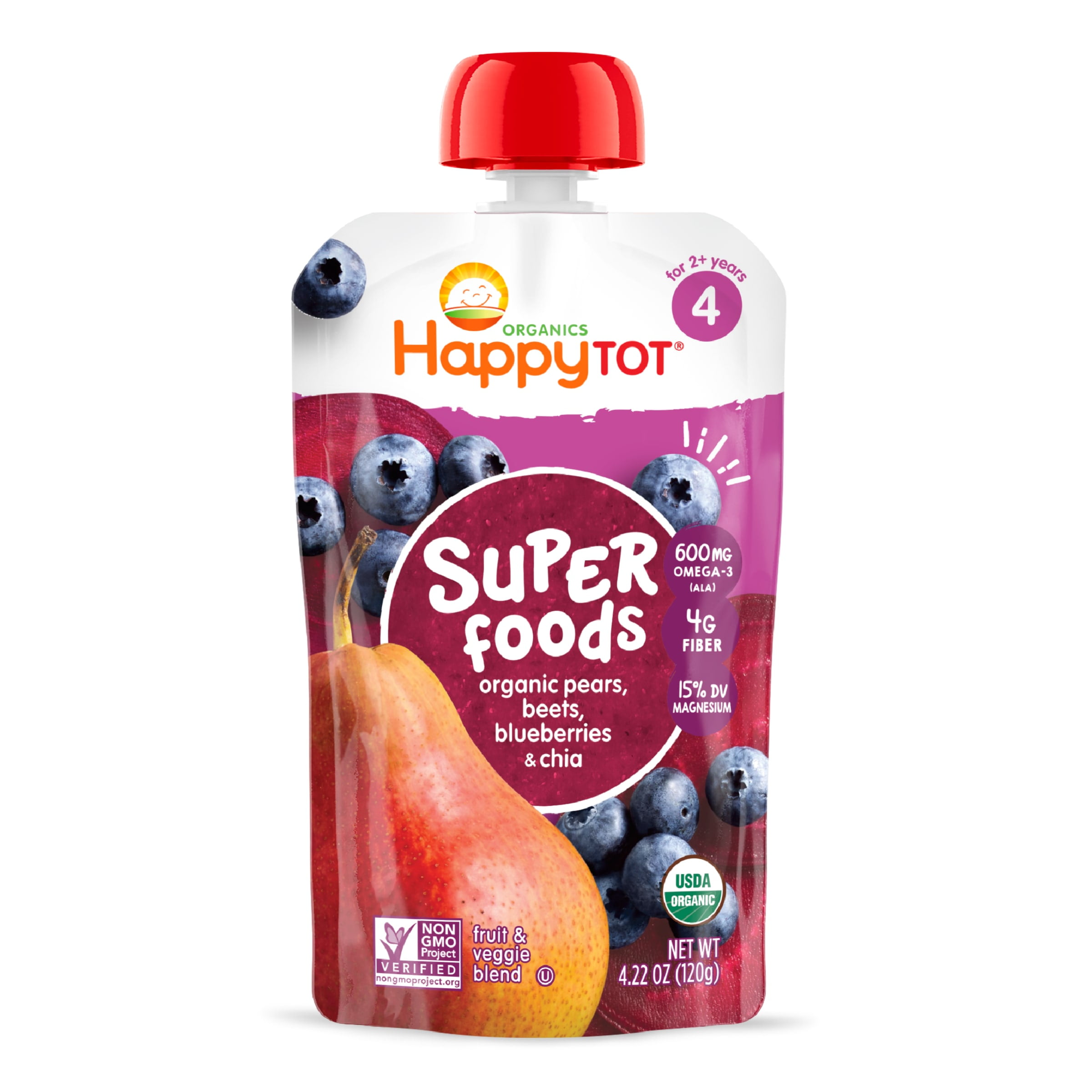 Happy Tot Organics SuperFoods Stage 4, Pears Beets Blueberries & Chia, Organic Tot Food, 4.22 oz Pouch