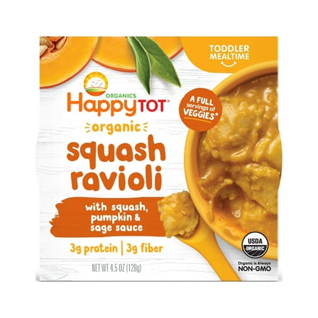 (4 pack) Happy Tot Organics, Toddler Mealtime Bowl, Organic Squash Ravioli with Pumking Squash & Sage Sauce, 4.5 oz