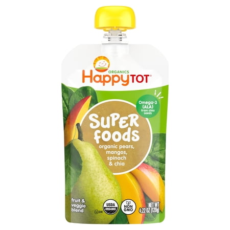 Happy Tot Organics SuperFoods Stage 4, Pears Mangos Spinach & Chia, Organic Tot Food, 4.22 oz. Pouch