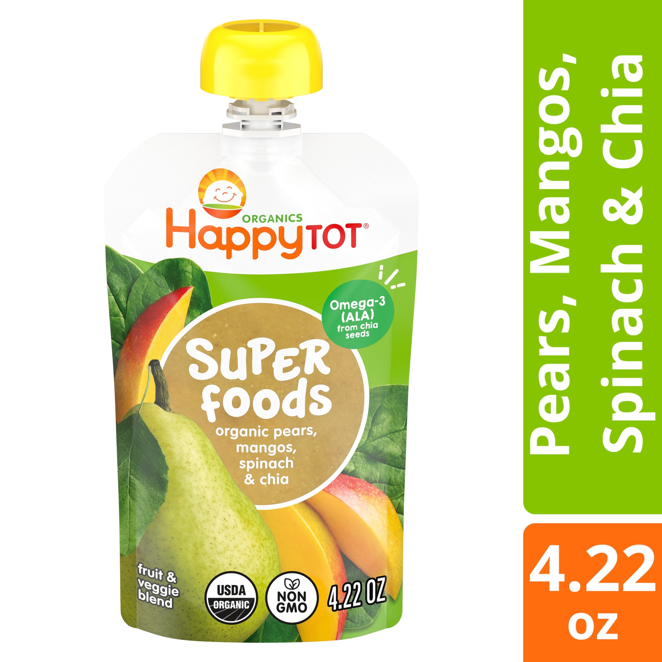Happy Tot Organics SuperFoods Stage 4, Pears Mangos Spinach & Chia, Organic Tot Food, 4.22 oz. Pouch