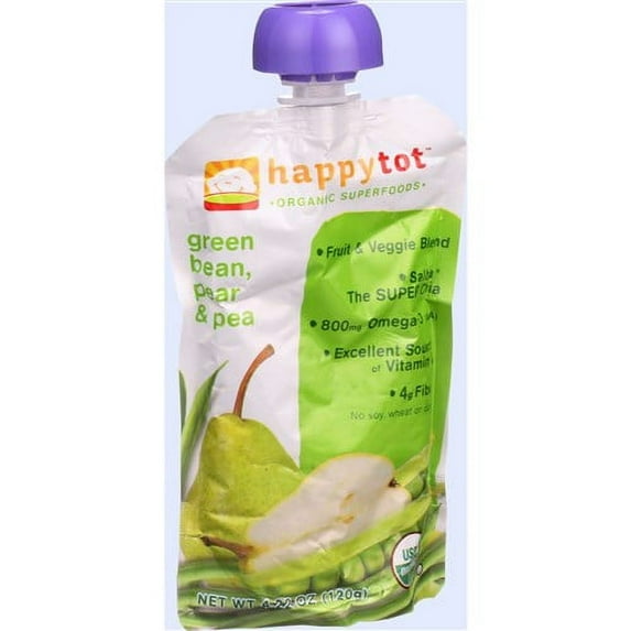 Happy Tot Organics Super Foods Stage 4, Pears Green Beans Peas & Super Chia, Organic Tot Food, 4.22 oz Pouch