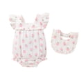 thumbnail image 1 of Happy Town Baby Girl Summer Clothes Infant Sleeveless Cotton Romper with Soft Bib Toddler Ruffled Jumpsuit Bodysuit, 1 of 9