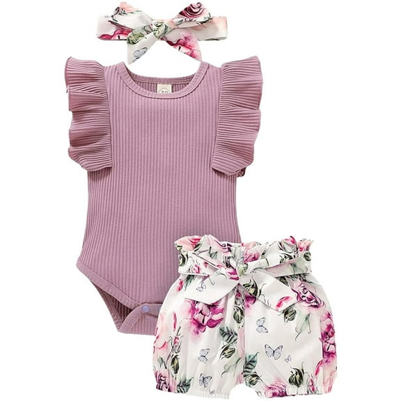 Happy Town Baby Girl Summer Clothes Ruffle Sleeve Romper and Floral Shorts with Headband For 1-24M