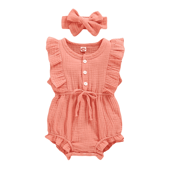Happy Town Infant Baby Girls Summer Clotehs Ruffled Sleeveless Romper 0-24M Casual Jumpsuit With Headband