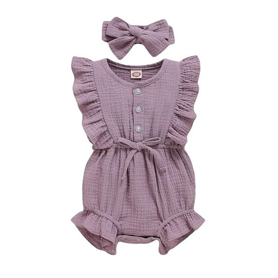 Happy Town Infant Baby Girls Summer Clotehs Ruffled Sleeveless Romper 0-24M Casual Jumpsuit With Headband