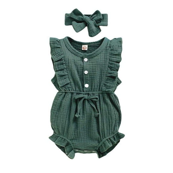 Happy Town Infant Baby Girls Summer Clotehs Ruffled Sleeveless Romper 0-24M Casual Jumpsuit With Headband