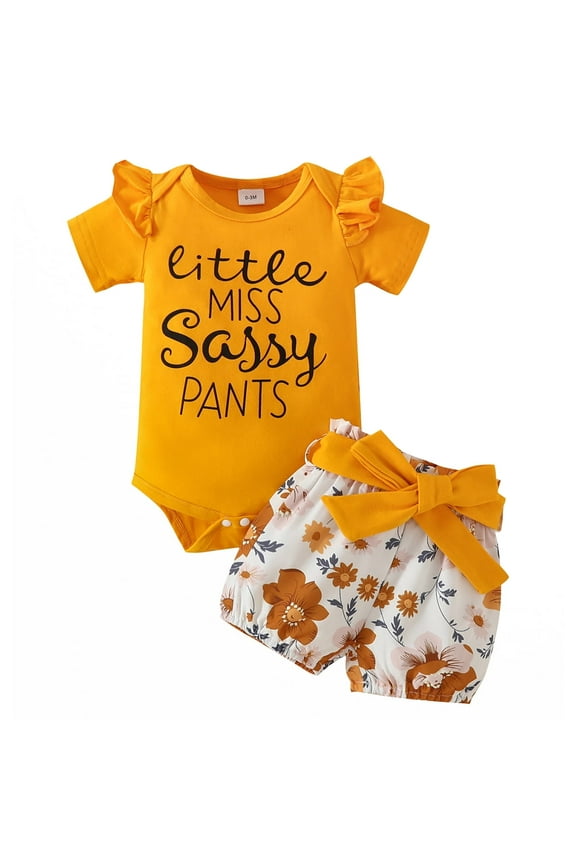 Infant Girl Summer Outfits Baby Girl Ruffle Sleeve Tops Floral Shorts Set For 1-18M