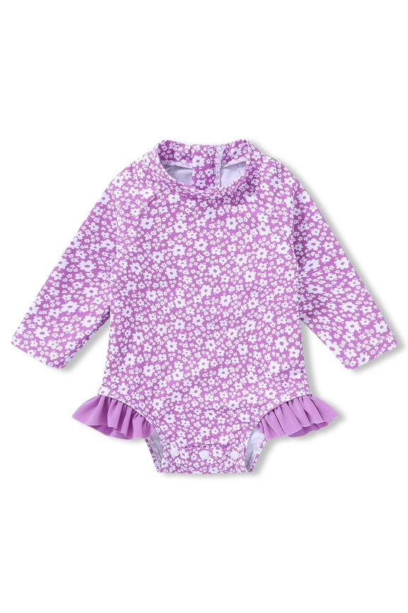 Newborn Baby Girls Swimsuit Summer One-Piece Long Sleeve Floral Bathing Suit