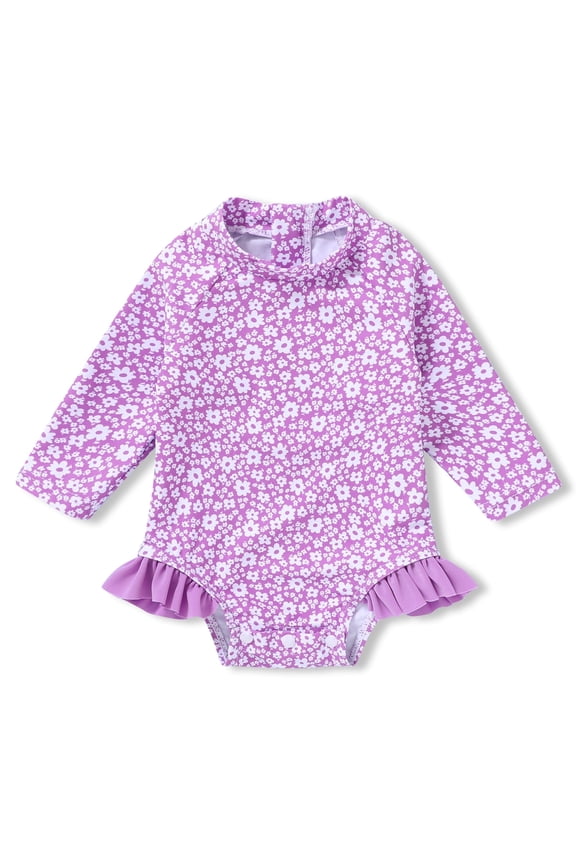 Newborn Baby Girls Swimsuit Summer One-Piece Long Sleeve Floral Bathing Suit