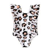 Happy Town Summer Baby Girl Leopard Ruffle Swimwear Bikini Bathing Suit One-Piece Bikini Beach Bathing Suit