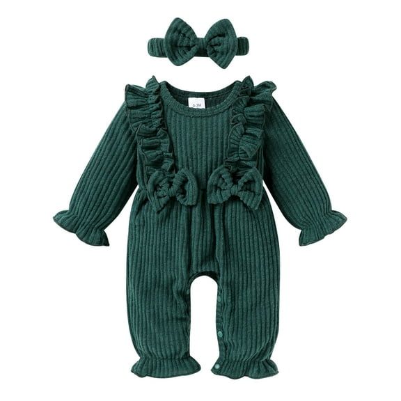 Happy Town Toddler Baby Girl Romper 0-18M Fall Winter Long Sleeve Ruffle Floral Jumpsuit With Headband Infant Romper