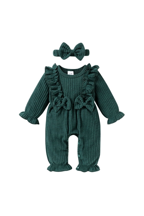 Toddler Baby Girl Romper 0-18M Fall Winter Long Sleeve Ruffle Floral Jumpsuit With Headband Infant Romper