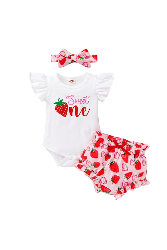 Toddler Baby Girls 1st Birthday Summer Outfits Ruffle Sleeveless T-Shirt + Shorts + Headband Girls Set
