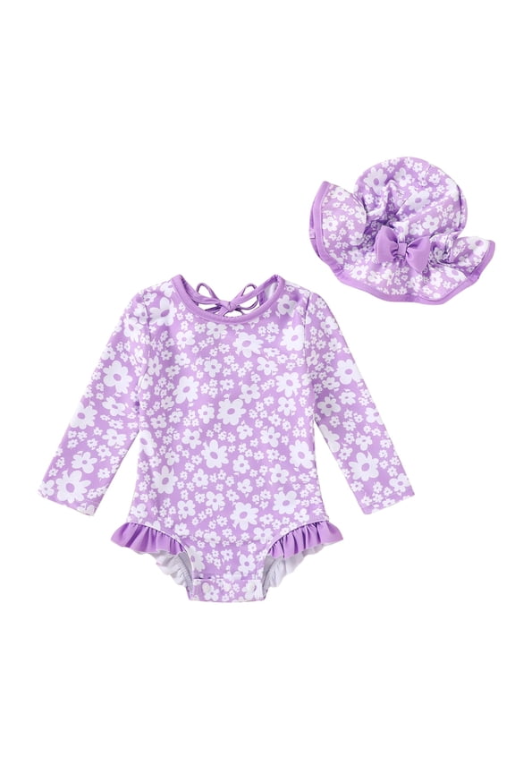 Toddler Baby Girls Clothes 0-24M Summer Long Sleeve Floral One-Piece Swimsuit + Hat Bathing Suit