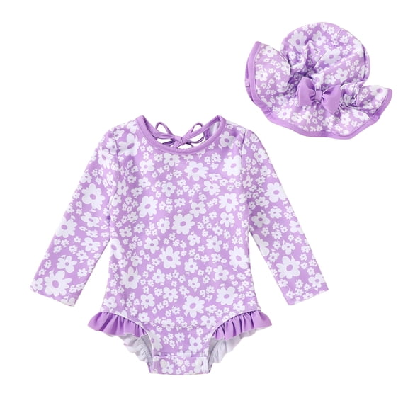 Happy Town Toddler Baby Girls Clothes 0-24M Summer Long Sleeve Floral One-Piece Swimsuit + Hat Bathing Suit