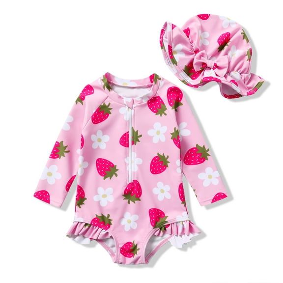 Happy Town Toddler Baby Girls Clothes 0-24M Summer Long Sleeve Zipper One-Piece Swimsuit + Hat Bathing Suit