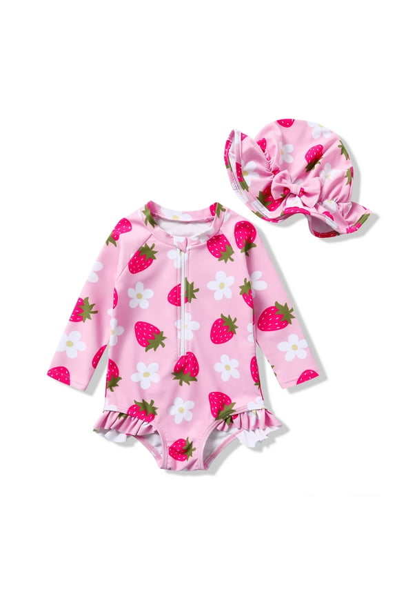 Toddler Baby Girls Clothes 0-24M Summer Long Sleeve Zipper One-Piece Swimsuit + Hat Bathing Suit