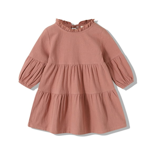 Happy Town Toddler Baby Girls Dress 6M-4T Fall Winter Long Sleeve Dress Lantern Solid Color Girls Clothes