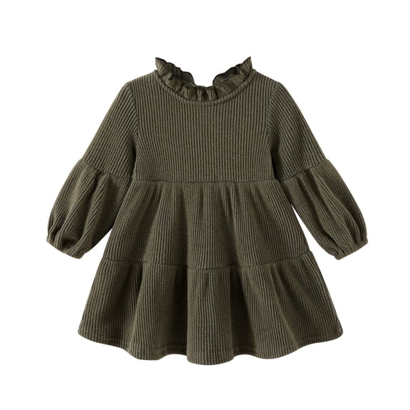 Happy Town Toddler Baby Girls Dress 6M-4T Fall Winter Long Sleeve Dress Lantern Solid Color Girls Clothes