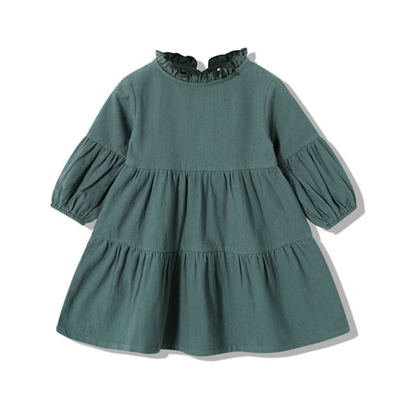 Happy Town Toddler Baby Girls Dress 6M-4T Fall Winter Long Sleeve Dress Lantern Solid Color Girls Clothes