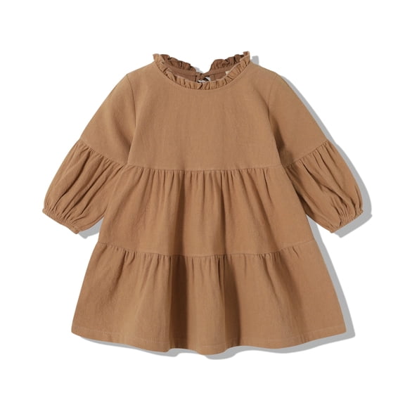 Happy Town Toddler Baby Girls Dress 6M-4T Fall Winter Long Sleeve Dress Lantern Solid Color Girls Clothes