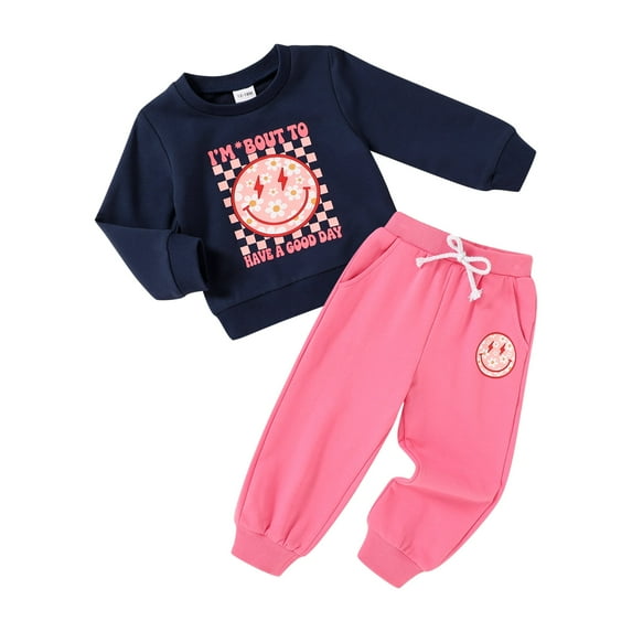 Happy Town Toddler Girl Fall Outfits Long Sleeve Letter Top and Long Pants Set Toddler Sweatsuits