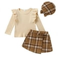 thumbnail image 1 of Happy Town Toddler Girl Fall Outfits Ruffle Top & Plaid Skirt with Hat 3-Piece Set,Size 12M-5T, 1 of 9