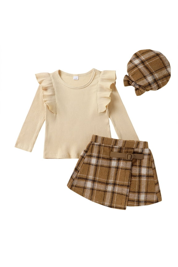 Toddler Girl Fall Outfits Ruffle Top & Plaid Skirt with Hat 3-Piece Set,Size 12M-5T
