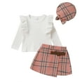 thumbnail image 1 of Happy Town Toddler Girl Fall Outfits Ruffle Top & Plaid Skirt with Hat 3-Piece Set,Size 12M-5T, 1 of 9