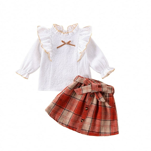 Happy Town Toddler Girl Fall Winter Clothes Ruffle Top Plaid Mini Skirt Set Outfits