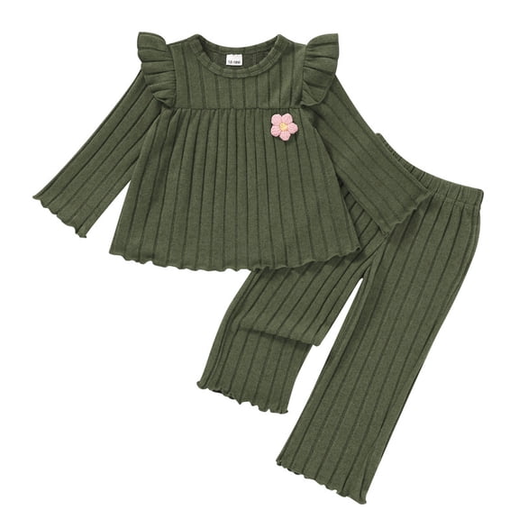 Happy Town Toddler Girl Fall Winter Outfits Ruffle Ribbed Knit Sweatshirt Pants 2-Piece Set Floral Sweatsuit for Girl