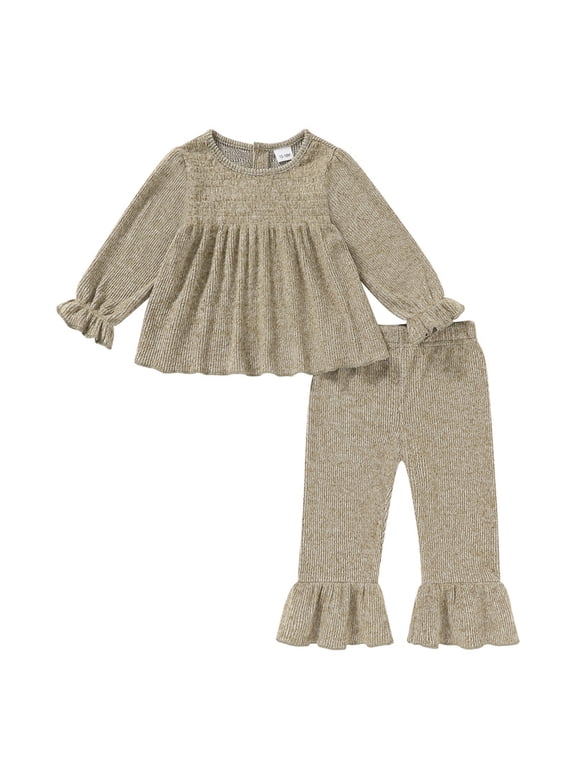 Toddler Girl Fall Winter Outfits Smocked Puff Sleeve Top Ruffle Flare Pants Set Kids Casual 2-Piece Set