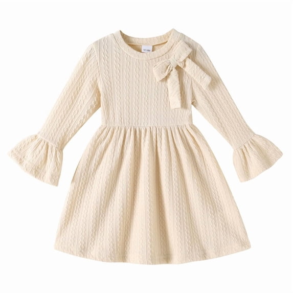 Happy Town Toddler Girls Fall Winter A‑Line Long Sleeve Dress Bow Ruffle Cuffs Party Dress for Little Kids