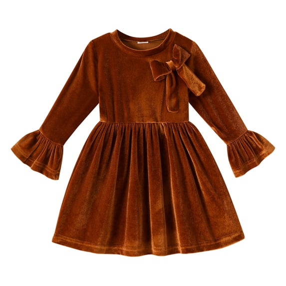 Happy Town Toddler Girls Fall Winter A‑Line Long Sleeve Dress Bow Ruffle Cuffs Party Dress for Little Kids