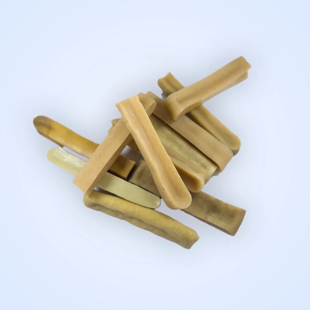 Happy Treats yak cheese dog chews, crafted from natural ingredients like yak and cow milk, are cherished by pet owners for their durability and minimal processing. (Large 5 Lbs)