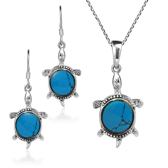 Happy Turtles Simulated Turquoise .925 Sterling Silver Jewelry Set