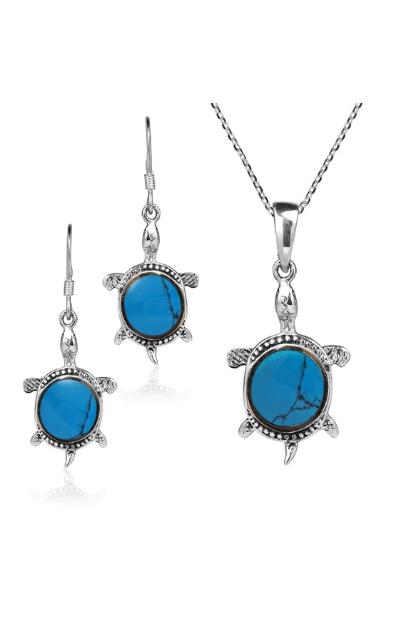 Happy Turtles Simulated Turquoise .925 Sterling Silver Jewelry Set