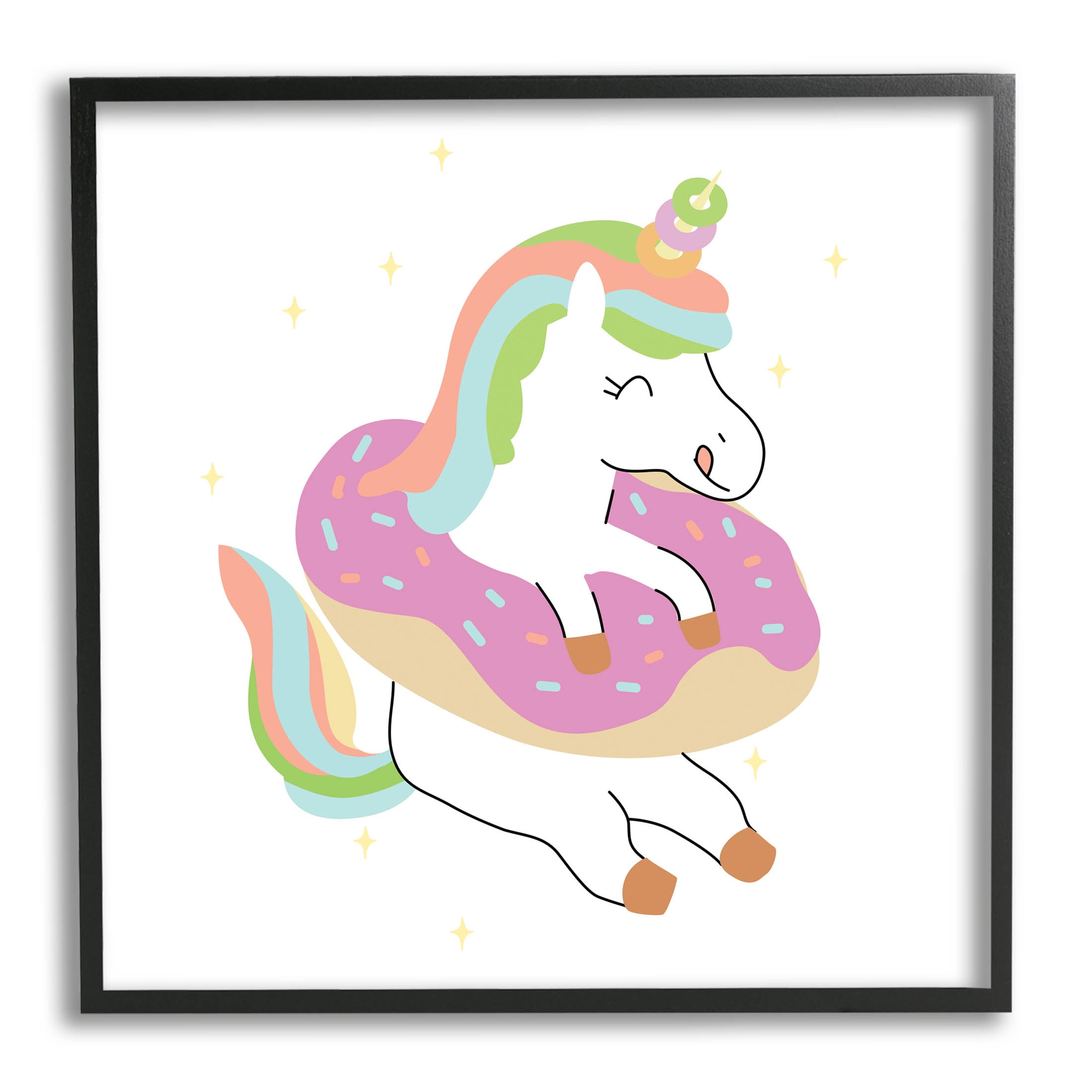 Happy Unicorn Sprinkled Donut Fairy Tales & Fantasy Graphic Art Black Framed Art Print Wall Art