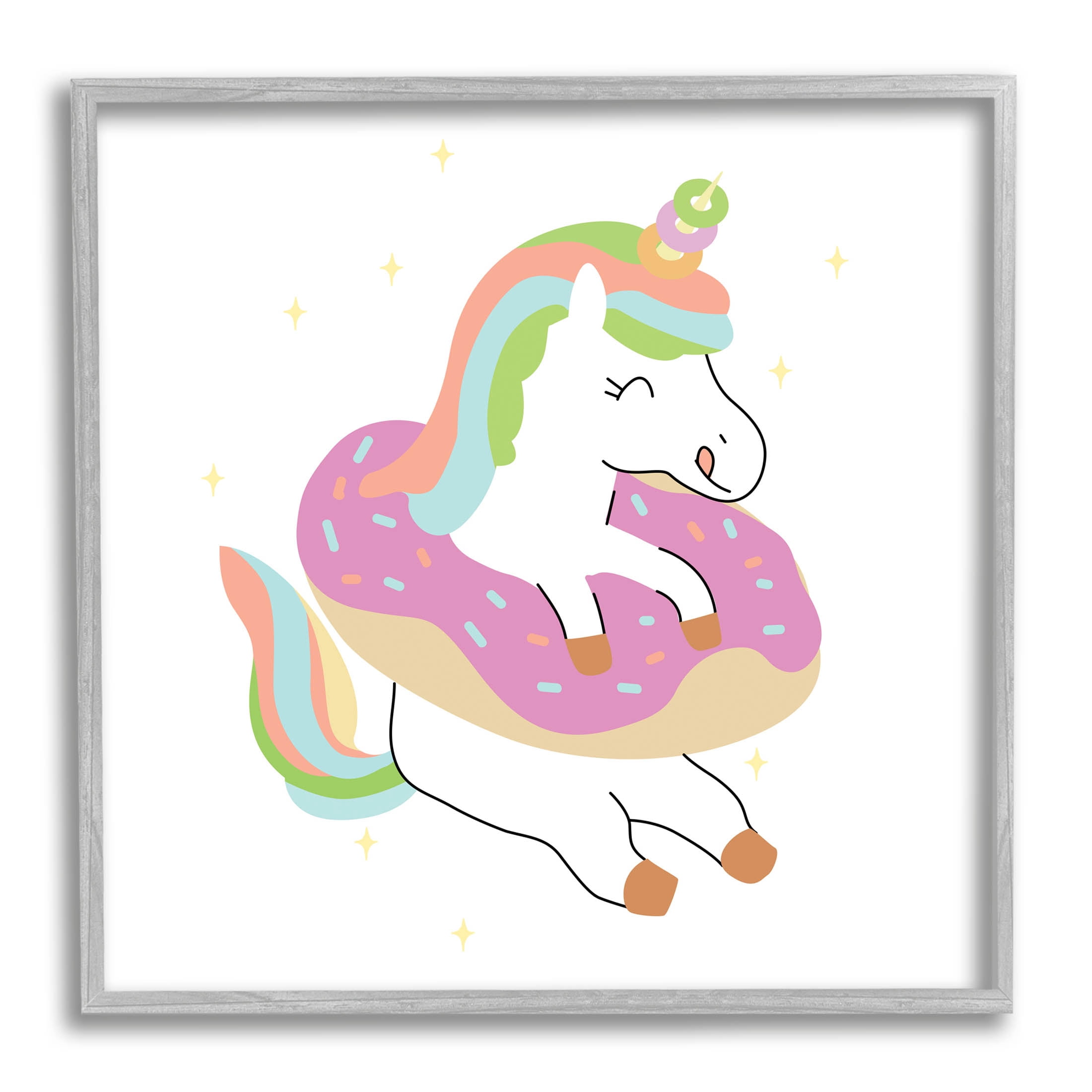 Happy Unicorn Sprinkled Donut Fairy Tales & Fantasy Graphic Art Gray Framed Art Print Wall Art