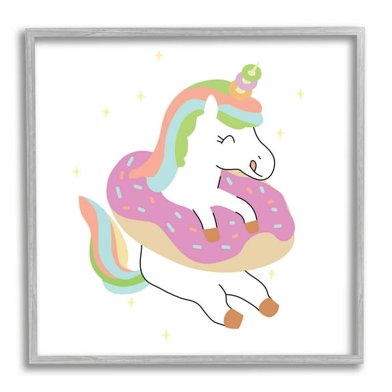 Happy Unicorn Sprinkled Donut Fairy Tales & Fantasy Graphic Art Gray Framed Art Print Wall Art