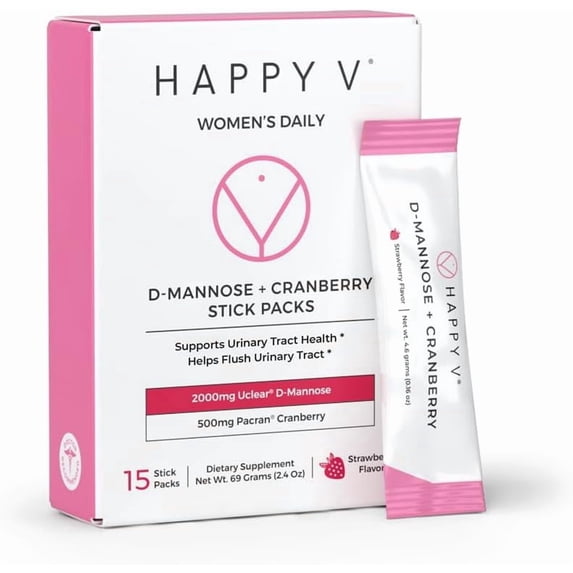 Happy V D-Mannose + Cranberry Stick Packs | Dr Formulated Urinary Tract Support Supplement | D Mannose Supplements for Women - Bladder Support - Promotes Urinary Comfort - 15 Stick Packs