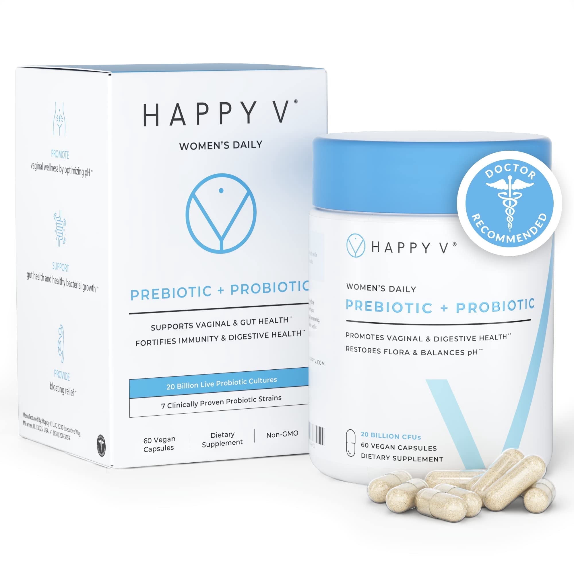 Happy V - Vaginal Probiotics for Women - Prebiotic Fiber & Vaginal Health Probiotics for Bacterial Vaginosis & Yeast Infection - Clinically Proven Safe & Effective pH Balance for Women -30 D