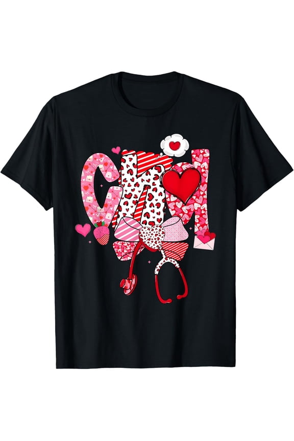 Happy Valentine CNA Nurse Coquette Bow Heart Women T-Shirt