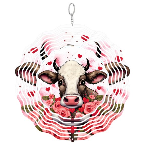 Happy Valentine Cow Roses Checkered 3D Wind Spinner, Stainless Steel Farm Love Outdoor Art, Round