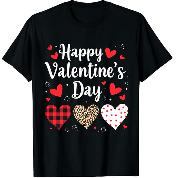 Happy Valentine Cute Heart Plaid Leopard Graphic Crew Neck Short Sleeve T-Shirts (Men's, Women's)