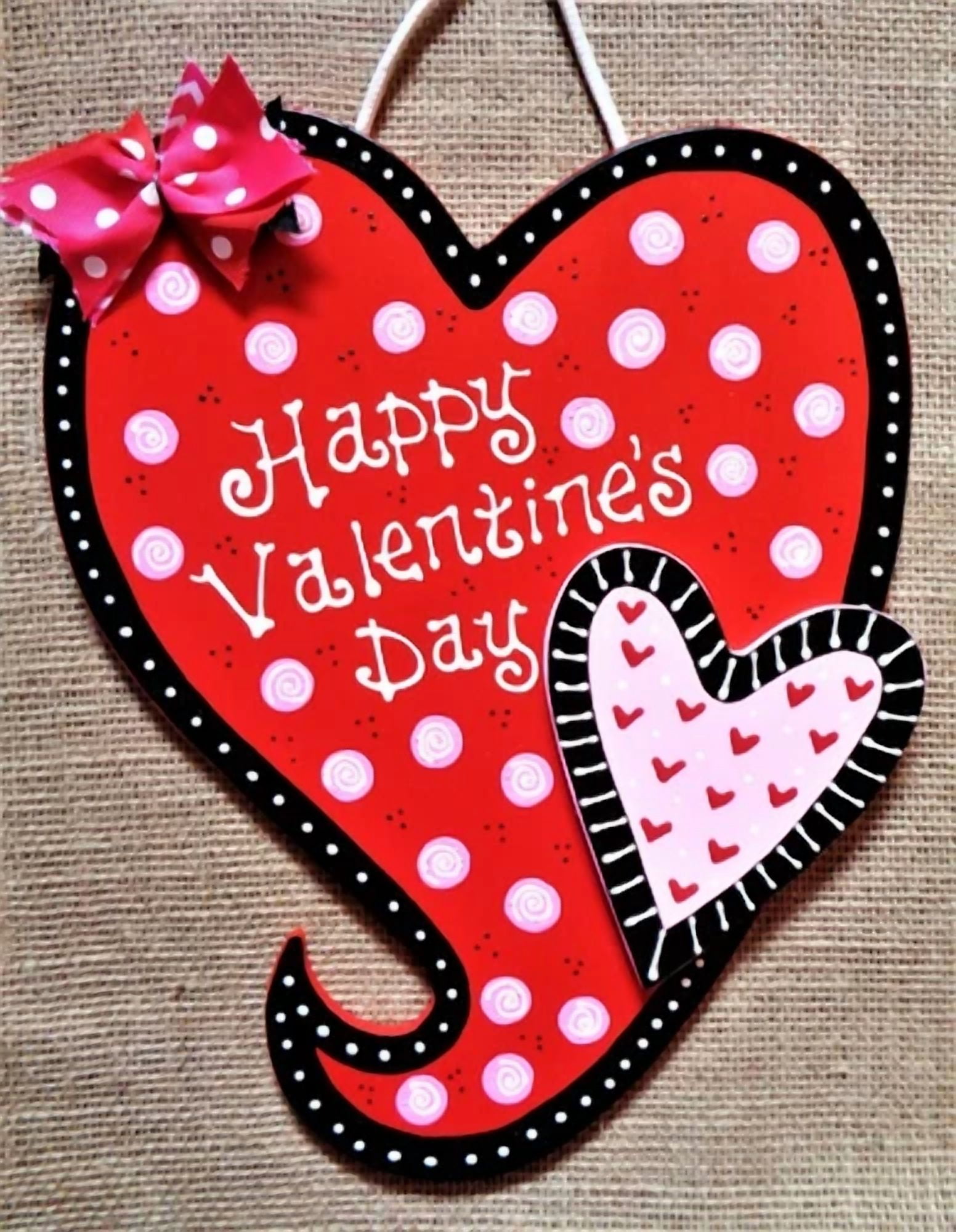 Happy Valentine'S Day Heart Sign Wall Art Door Hanger Plaque Wood Holiday Decor