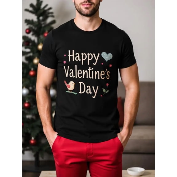 Happy Valentine'S Day T-Shirt with Bird and Heart Print | Romantic Holiday Graphic Tee for Men, Casual Daily Wear, Black, Beach & Party Wear, 180gsm Heavyweight, Short Sleeve