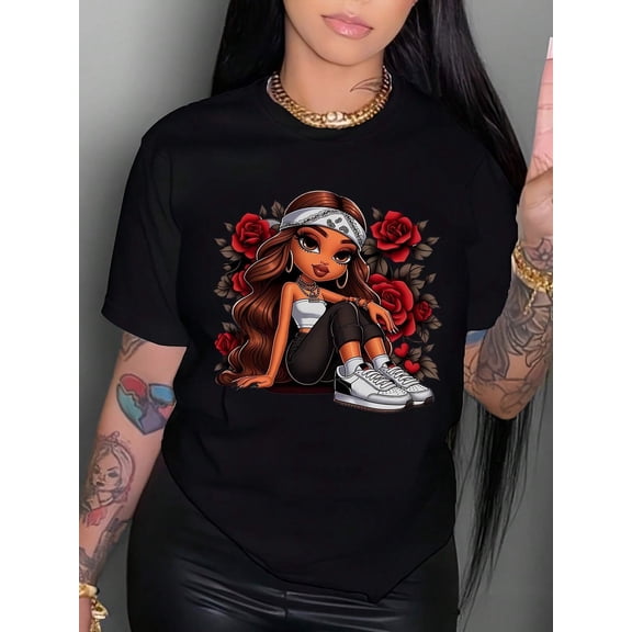 Happy Valentine'S Day Women's Cool Dancing Girl With Roses  T-Shirt, Women'sRound Neck Casual Heavy Pure Cotton T-Shirt (1 PC)