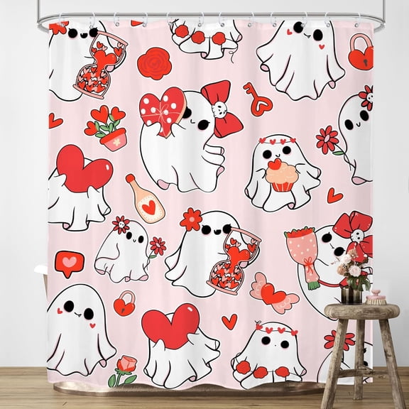 Happy Valentine Shower Curtain Pink Ghost Hearts Flower Romance Romantic for Lovers Cloth Fabric Waterproof Polyester Bathroom Home Decor Set with Hooks