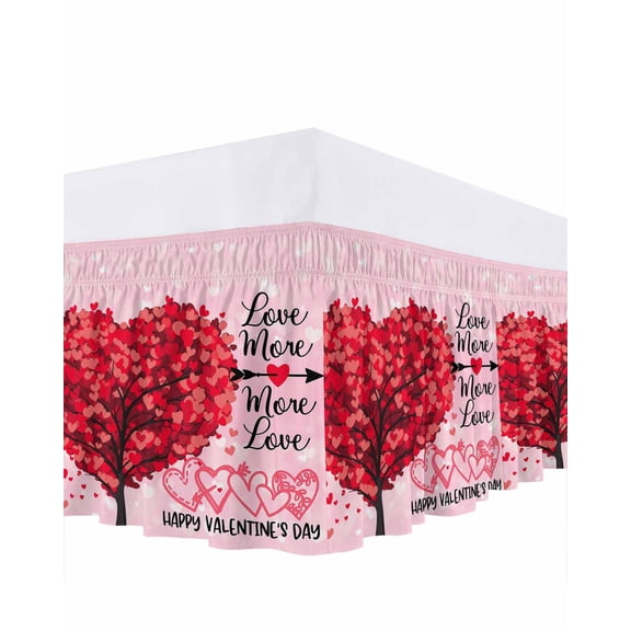 Happy Valentine's Bed Skirt Queen Size 16 Inch Drop, Day Red Love Heart Tree Pink Adjustable Elastic Dust Ruffles Bedskirt for Queen Bed Wrap Around Pleated Mattress Frame Cover